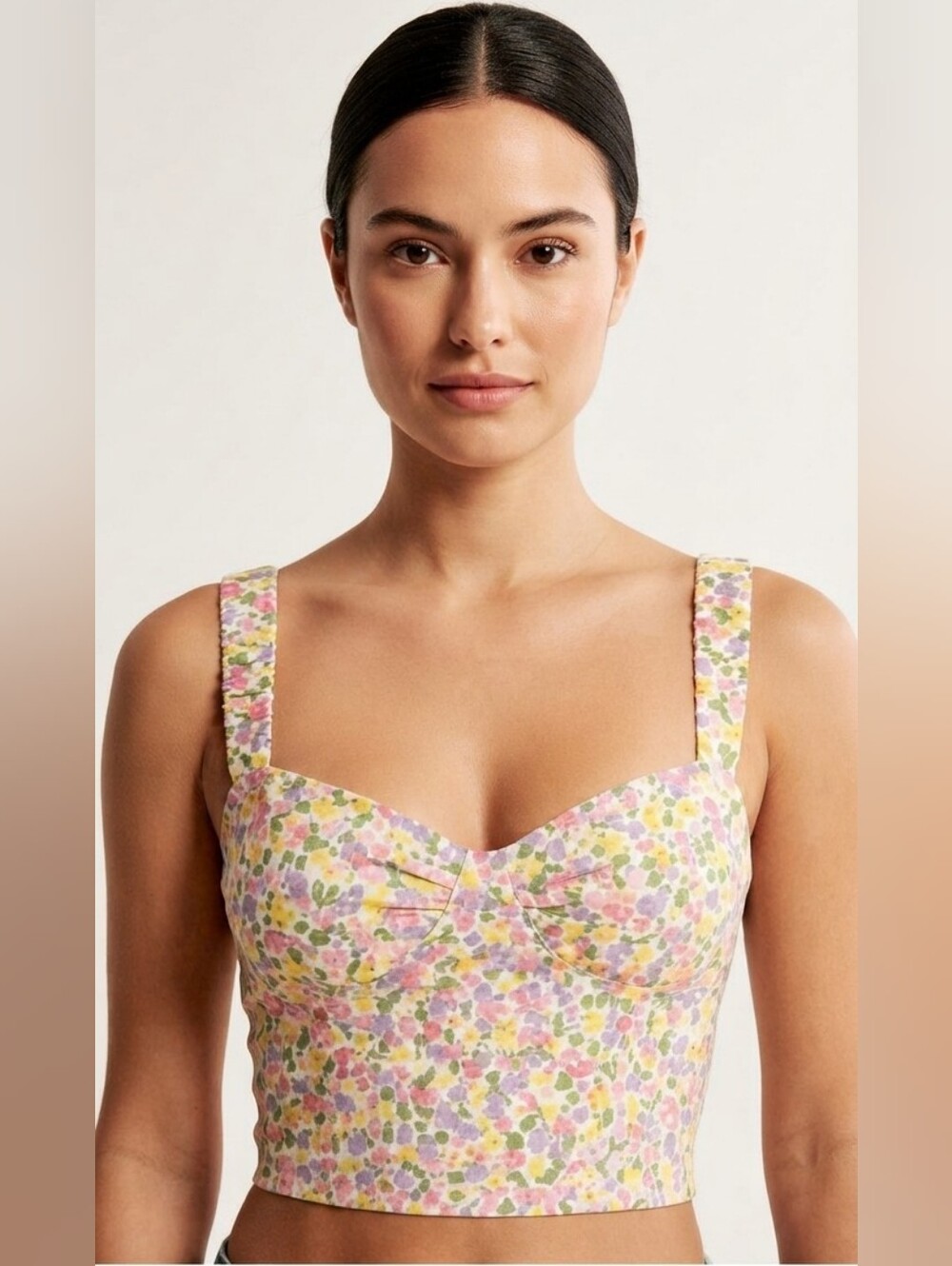 Japna Multicolor Ditsy Floral Ruched Strap Bustier Crop Top Size Small EUC